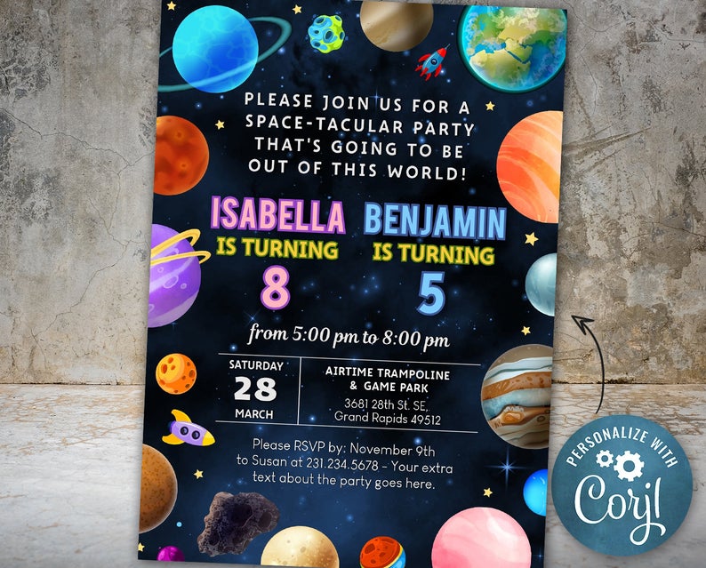 Joint Birthday Invite Planet Birthday Invitation, Outer Space Party Invite, Space Themed Birthday Party Invitation INSTANT DOWNLOAD Editable
