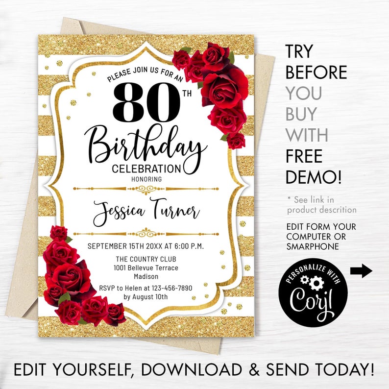 80th Birthday Invitation – INSTANT DOWNLOAD Digital Template. ANY age. Glitter Gold White Stripes. Red Roses. Floral Birthday Invite
