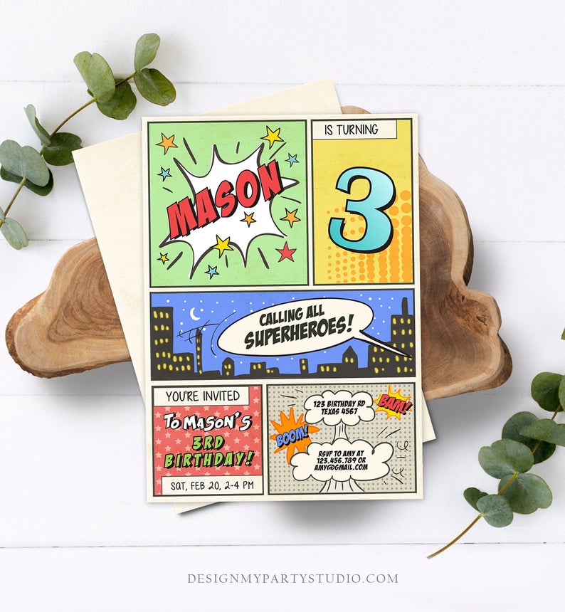 Editable Superheroes Birthday Invitation Superhero Birthday Invite Boy Comic Book Hero Calling All Download Printable Corjl Template 0300