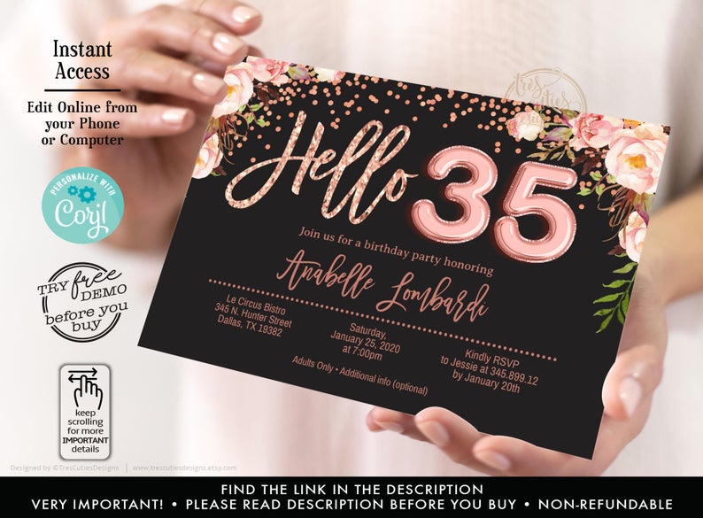 35th Birthday Invitation, Black and Rose Gold Invitation, Hello 30 birthday, Rose Gold Confetti, Editable, For Any Ages, Template with Corjl