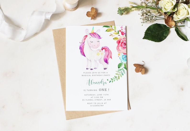 Unicorn birthday invitation template. Rainbow unicorn invitation Corjl Printable, Editable Instant Download. #BP1