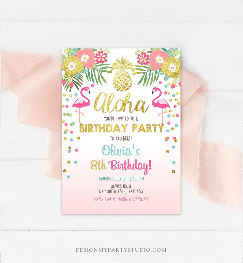 Editable Aloha Birthday Invitation Tropical Flamingo Luau Party Leaves Confetti Pink Gold Pineapple Hawaiian Corjl Template Printable 0200