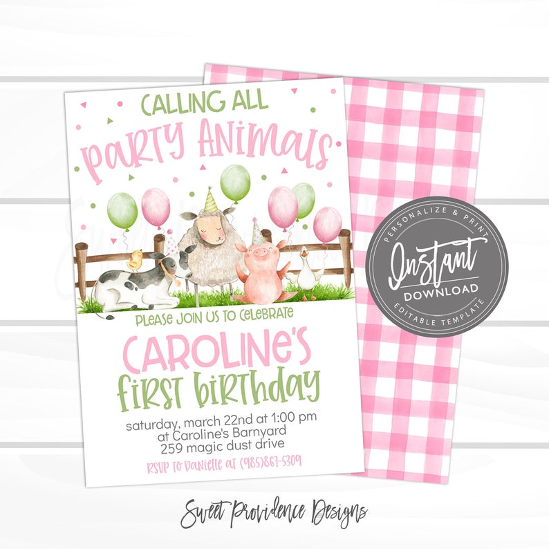 Farm Birthday Invitation Girl, Editable Barn Party, Pink Farm Party Animals, Printable Barnyard, Digital Invite, ANY AGE, Instant Access