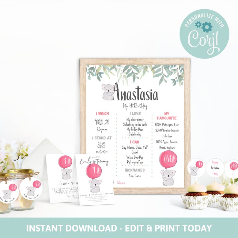 Koala Personalized Printable Birthday Party Decorations Set, Bundle, Australian Animals Birthday, Koala Birthday, Koala Party, Corjl, KP-4
