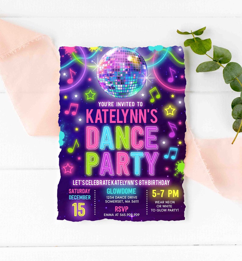 Editable Dance Party Invitation Glow Dance Party Birthday Invitation Neon Glow Disco Party Glow Dance Disco Party Instant Download Corjl GD