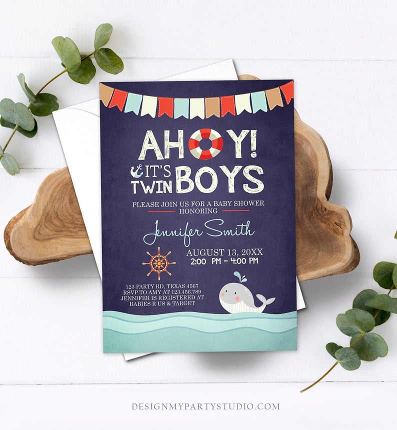 Editable Nautical Baby Shower Invitation Twin Boys Ahoy Its Twin Boys It’s Twins Whale Ocean Red Navy Blue Template Digital Corjl 0018