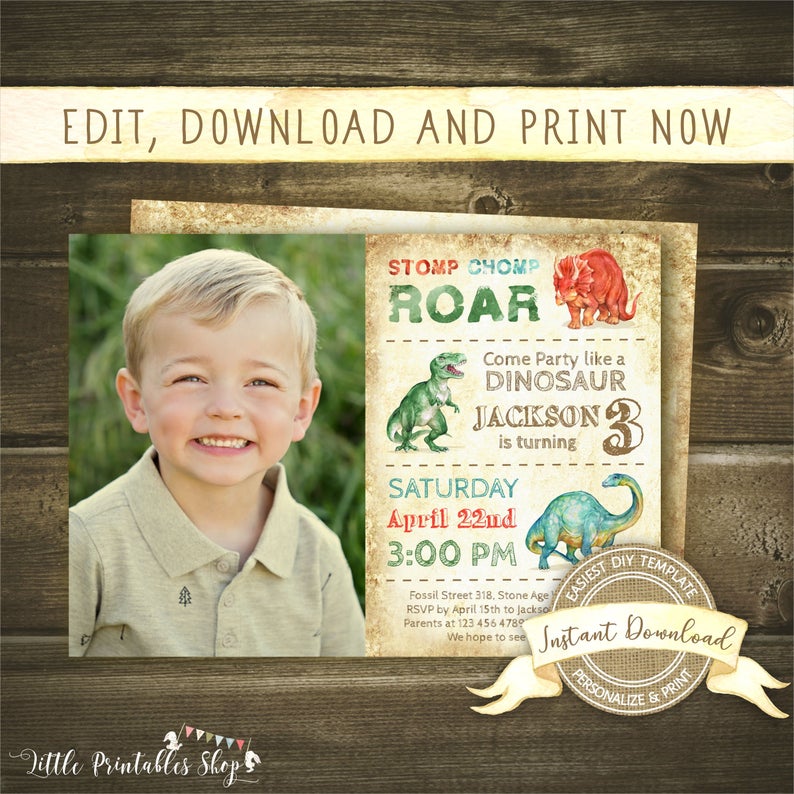 Dinosaur Birthday Invitation with photo for a Boy, Instant Download, Editable Dinosaur Birthday Invite, Printable Boy Birthday Invitation