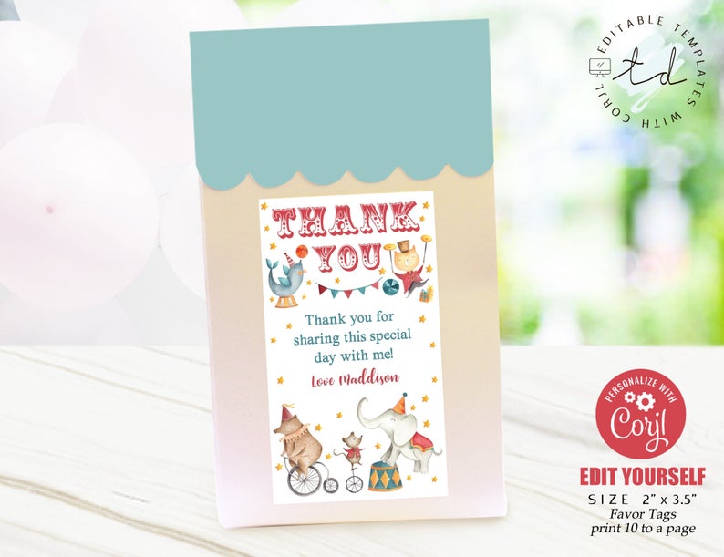 CIRCUS FAVOR TAG Editable Circus Favor Tag Circus Party Favor Tags Carnival Favor Tag Circus Birthday Printables Thank you Tag Circus Corjl