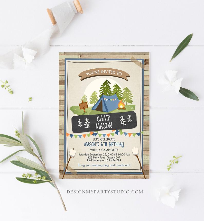 Editable Glamping Party Invitation Camp Out Birthday Invite Bonfire Outdoor Camping Tent Boy Blue Download Printable Template Corjl 0302