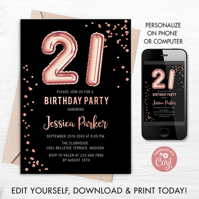 21st Birthday Party Invitation – INSTANT DOWNLOAD Digital Template. Black Rose Gold Balloons