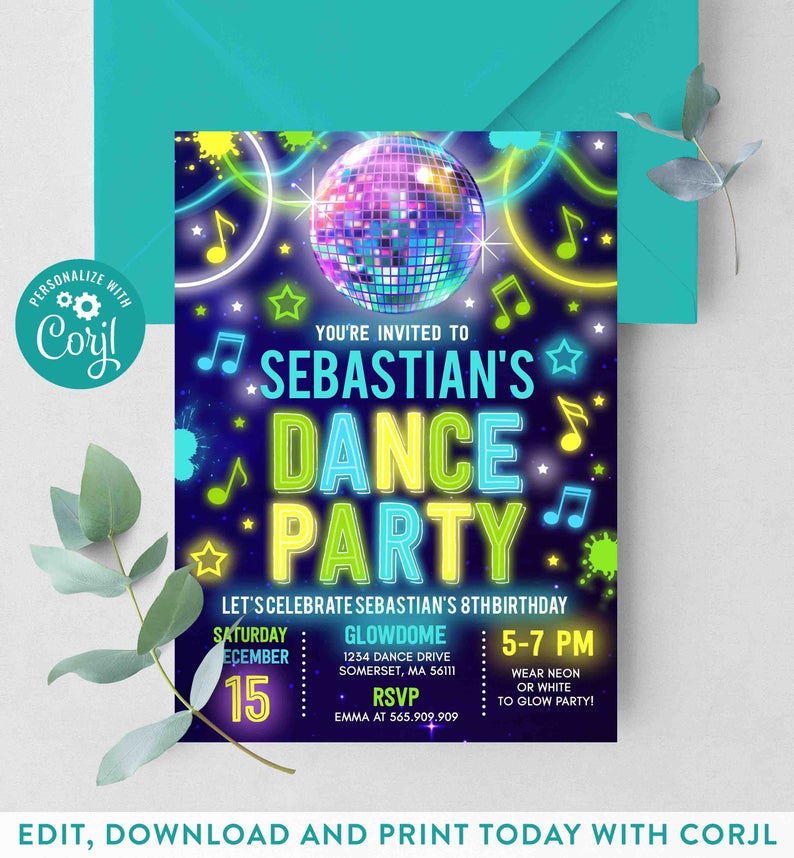 Editable Dance Party Invitation Glow Dance Party Birthday Invitation Neon Glow Disco Party Glow Dance Disco Party Instant Download Corjl GD