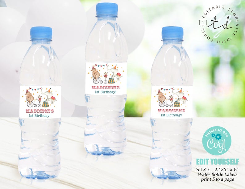 CIRCUS WATER LABEL Circus Water Bottle Labels Editable Circus Water Bottle Labels Corjl Carnival Water Bottle Wraps Circus Party Water Label