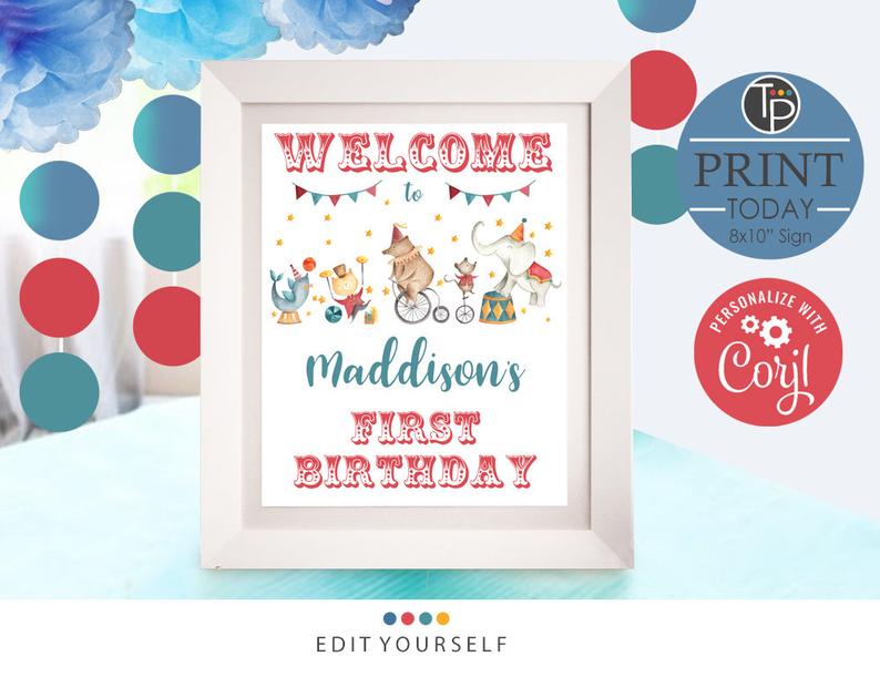 CIRCUS WELCOME SIGN Instant Download Sign Girl Circus Sign Princess Birthday Welcome Sign Circus Party Carnival Printables Corjl Template
