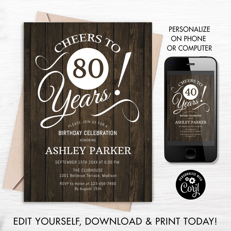 INSTANT DOWNLOAD 80th Birthday Party Invitation – Editable Digital Template. Any Age. Rustic Wood White. Cheers to 40 Years. DIY Printable