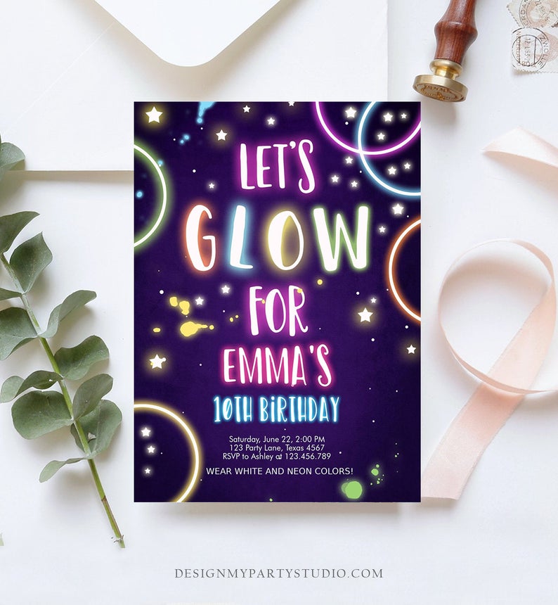 Editable Glow Birthday Invitation Glow Party Invite Neon Glow In The Dark Party Girls Teen Pink Download Printable Template Corjl 0172