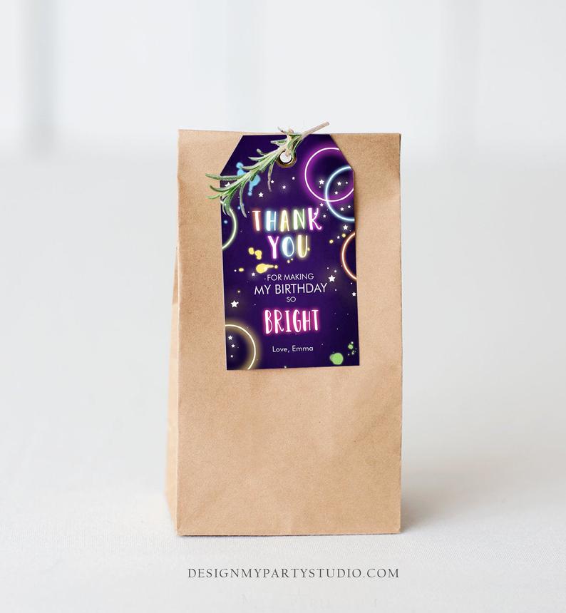 Editable Glow Favor tags Neon Glow Birthday Thank you tags Glow In The dark Label tags Neon Party Glow Pink Girl Labels Template Corjl 0172