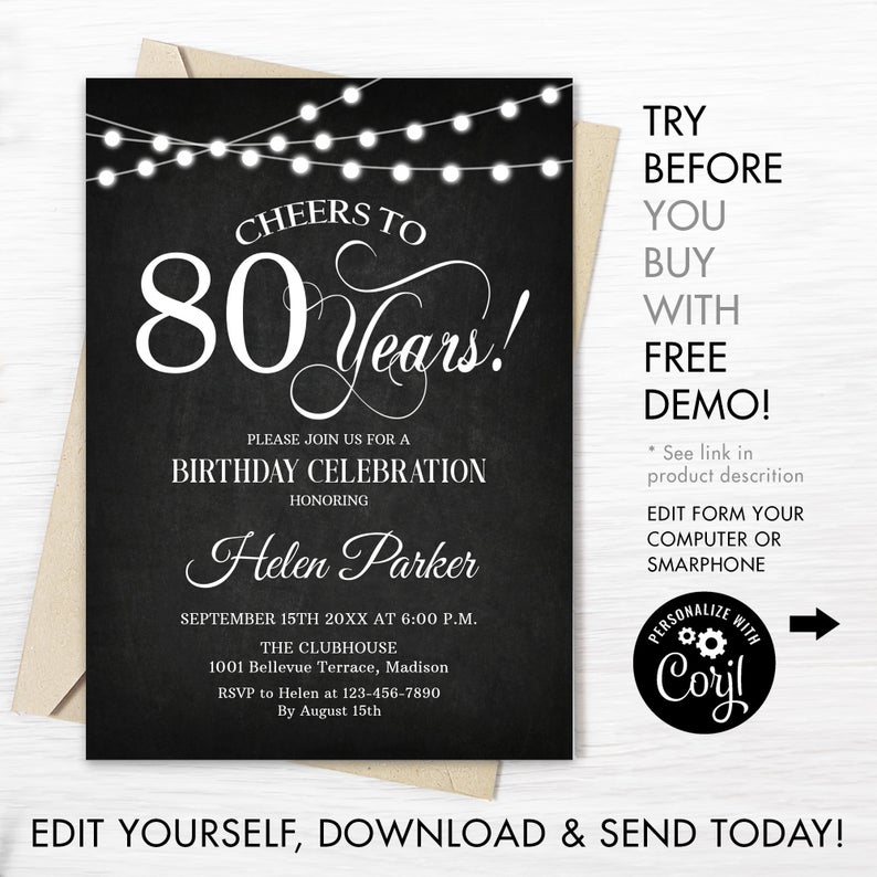 80th Birthday Party Invitation. INSTANT DOWNLOAD Editable DIY Digital Template. Any Age. Chalkboard Black White. Cheers to 80 Years