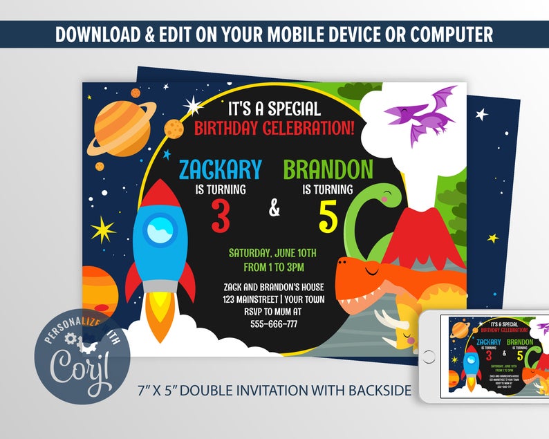Space Rocket and Dinosaurs Joint Birthday Invitation, Dinosaur Space Rocket Editable Invitation, Astronaut, Blast Off, Spaceship 0001