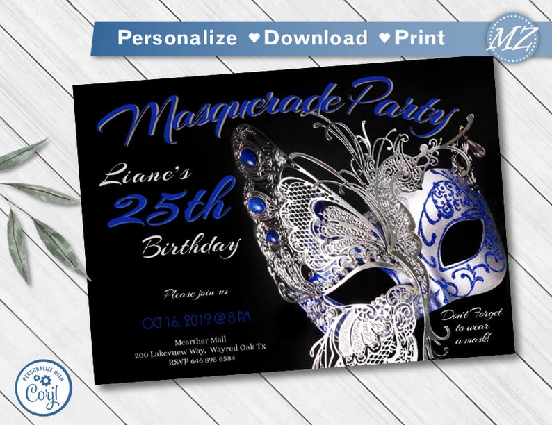 Masquerade Invite, Masquerade Invitation EDITABLE template, Silver blue Mask Birthday, graduation, quinceanera Mask Corjl Printable Invites