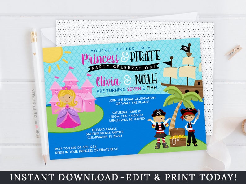 Princess and Pirate Invitation, Princess and Pirate Party, Princess and Pirate Invite, Princess and Pirate Birthday, Pirate and Princess 369