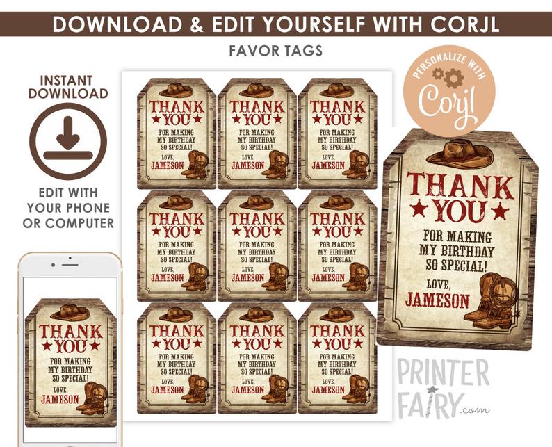 Western Birthday Favor Tags, EDITABLE tags, Cowboy Birthday, Wild West Party, Thank You Tags, Birthday Decorations, INSTANT DOWNLOAD