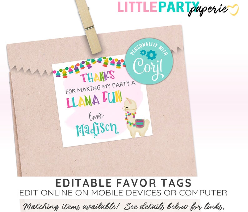 Editable LLAMA Favor Tags – Thank You Tags, Llama Birthday Party Printables, EDITABLE Llama Template, CORJL Template, Design 19011C