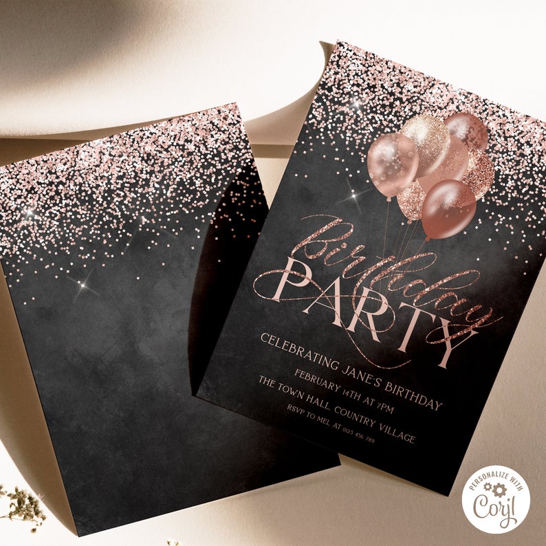 Birthday Party Invitation Rose Gold balloons Chalkboard Editable Printable Invitation Instant Download Editable template Corjl Invite