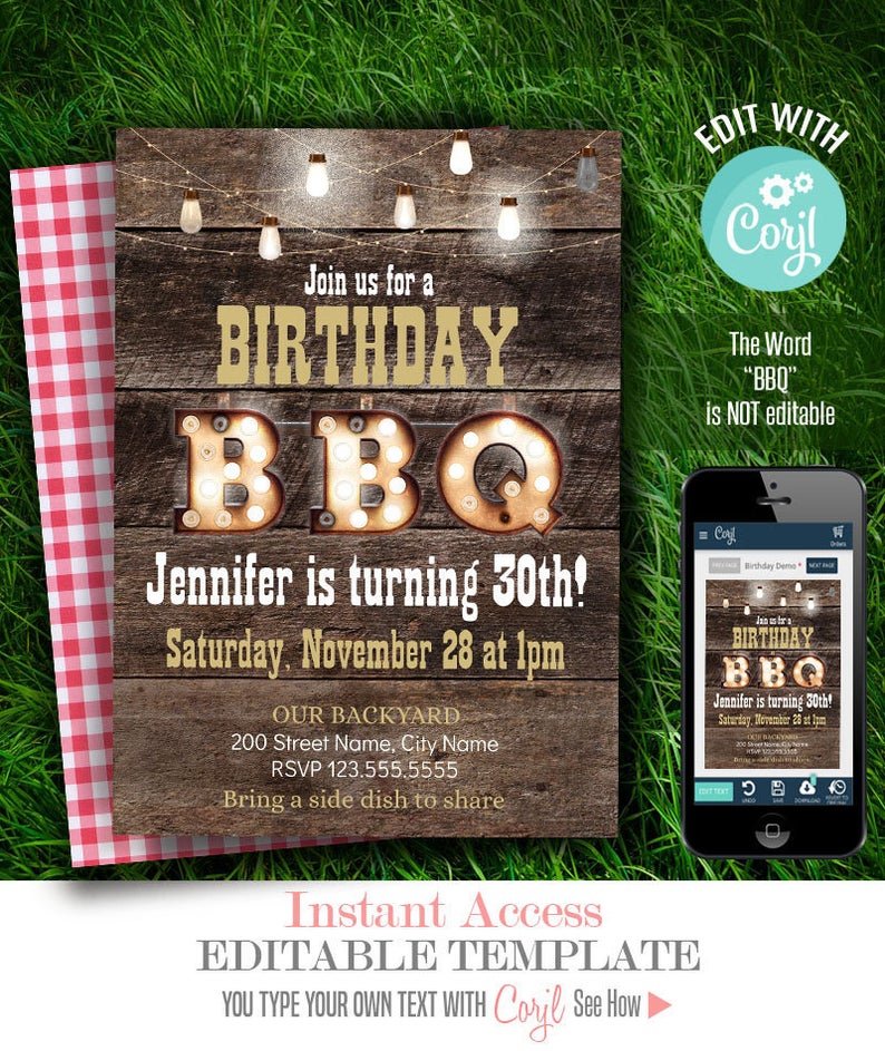 Rustic BBQ party invitation, printable editable template, Instant download, Edit with Corjl, A614