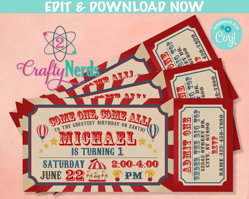 Carnival Ticket Birthday Invitation, Circus Party, Circus invitation | Editable Instant Download | Edit Online NOW Corjl | INSTANT ACCESS