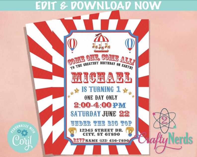 Carnival Ticket Birthday Invitation, Circus Party, Circus invitation | Editable Instant Download | Edit Online NOW Corjl | INSTANT ACCESS