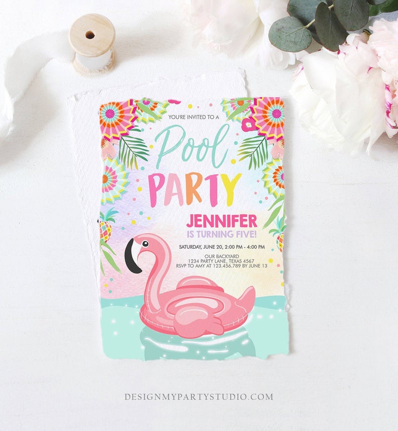 Editable Pool Party Invitation Flamingo Pool Party Birthday Invite Splish Splash Swimming Summer Download Printable Template Corjl 0240