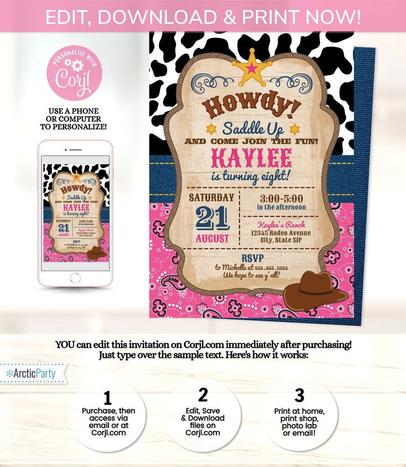 Girl’s Cowgirl Invitations – Pink Western Invitations – Cowgirl Party Invitation for Girls – Western Party Invites – Pink Cowboy
