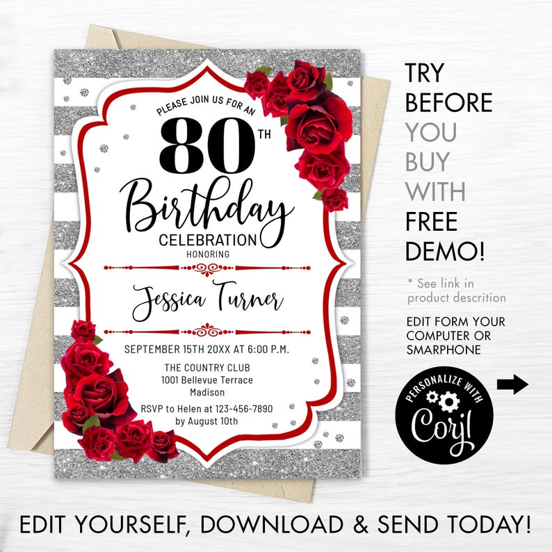 80th Birthday Invitation – INSTANT DOWNLOAD Digital Template. ANY age. Glitter Silver White Stripes Red Roses. Floral Birthday Invite