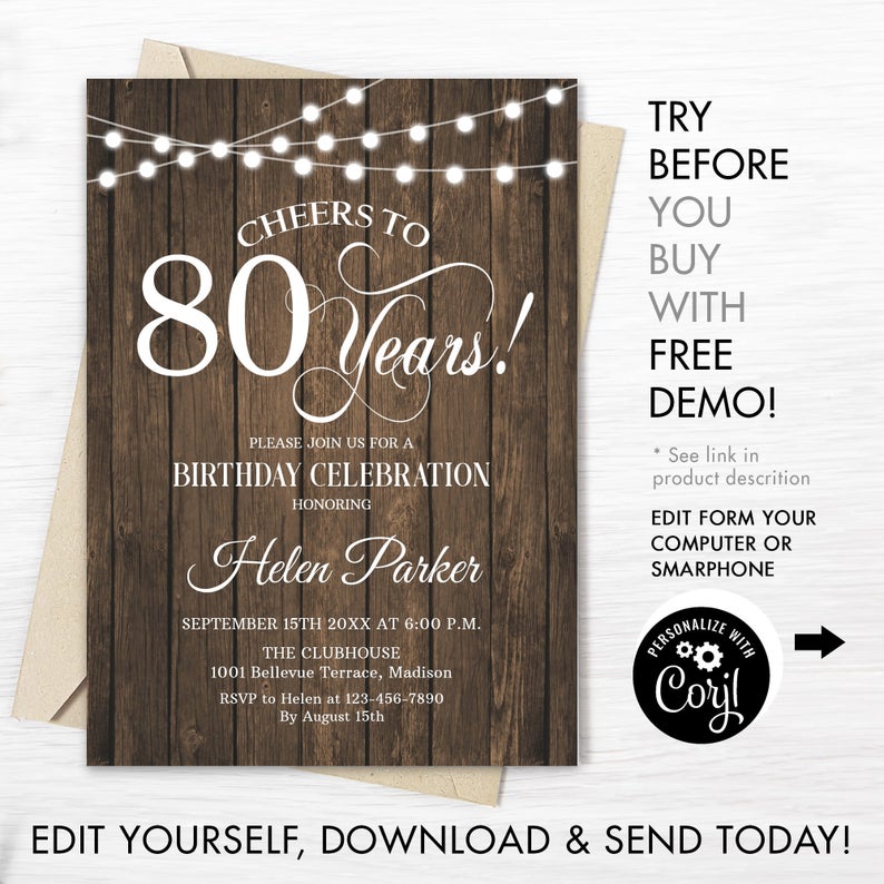 80th Birthday Party Invitation. INSTANT DOWNLOAD Editable DIY Digital Template. Any Age. Rustic Wood White. Cheers to 80 Years