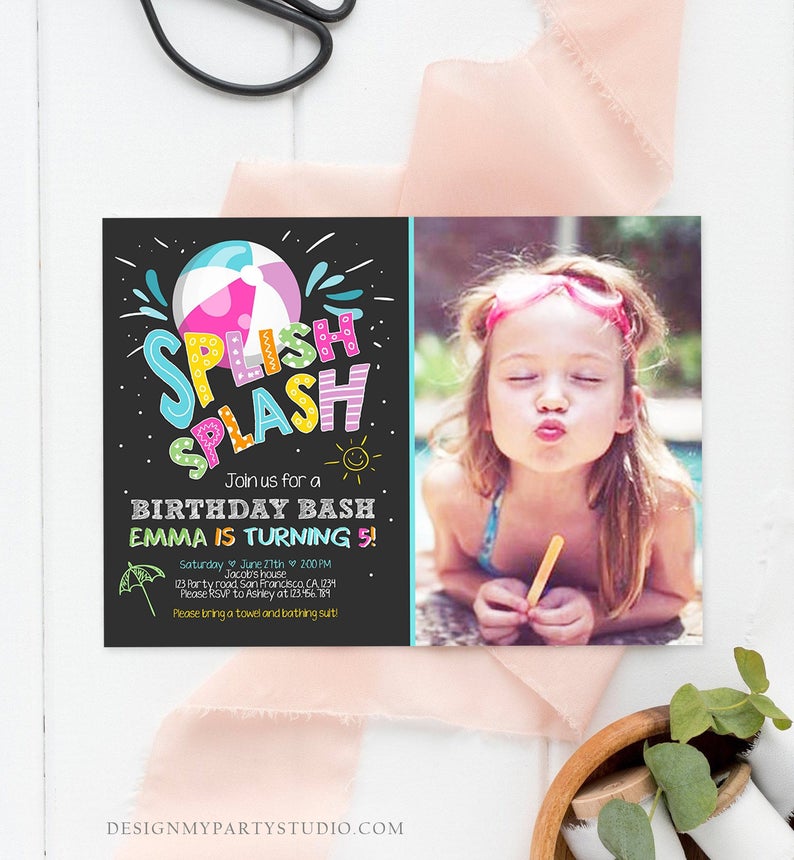 Editable Splish Splash Birthday Invitation Pool Party Beach Ball Pink Girl Birthday Bash Download Printable Invite Template Corjl 0169
