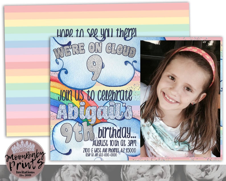 Cloud Nine Birthday Invitation with Photo, Cloud 9, Rainbow Birthday Invitation, Clouds Birthday Theme, Cloud Nine Party Supplies