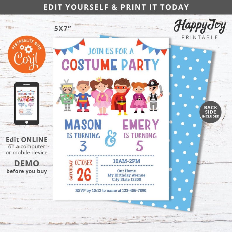 Costume Party Sibling Joint Birthday Invitation, Boy Girl Costume Invite Printable, Digital Template INSTANT Download Access Self Edit