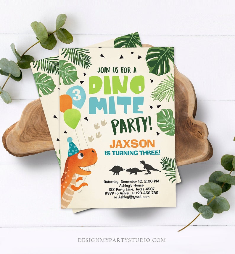 Editable Dinosaur Birthday Invitation Dino mite T-Rex Dig Party Prehistoric Boy Dino Fossil Download Printable Invite Template Corjl 0074