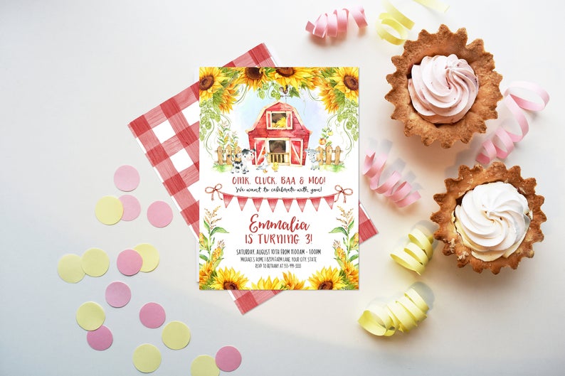 Sunflower Farm Birthday Party Invitation, Editable Template, Girl Farm Invitation, Barnyard Party, Farm Animals Rustic Farm Invite Corjl 269