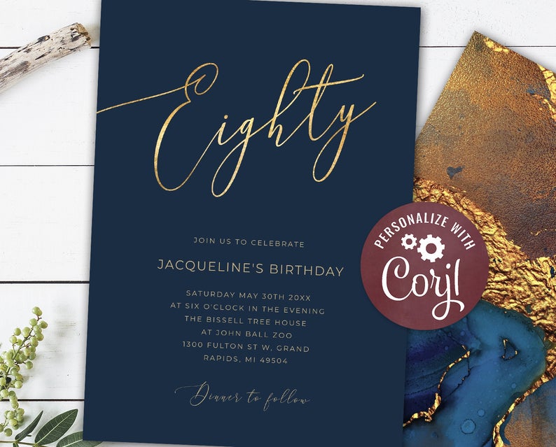Gold Foil 80th Birthday Invitation – Adult Dark Blue Navy Eighty Birthday Invite – Digital INSTANT download Editable Women’s Men’s