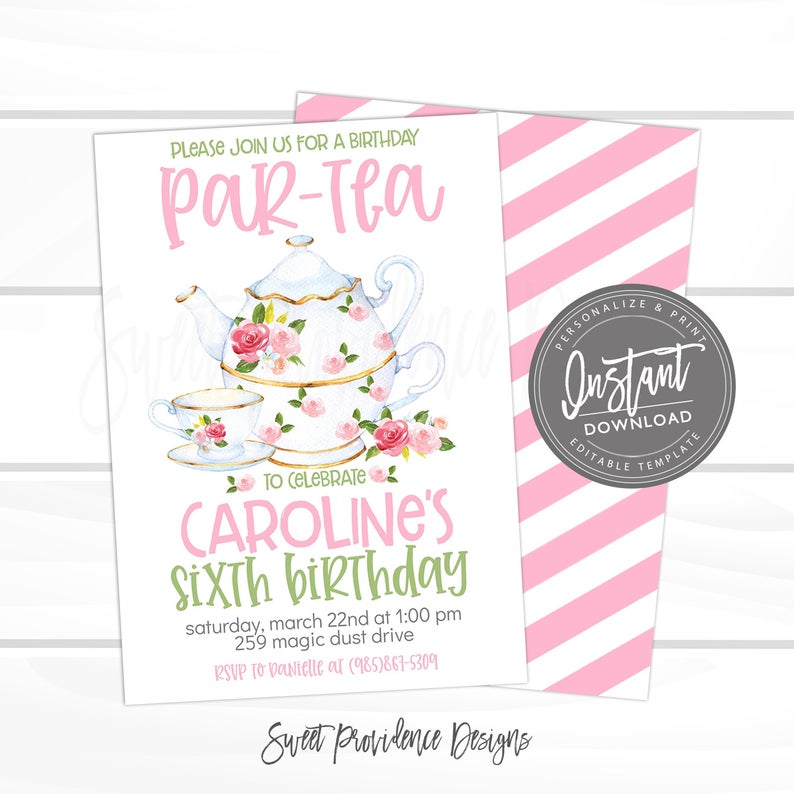Tea Birthday Party Invitation, kids Virtual Birthday Par-Tea Invite, Pink Floral Tea Party, Editable Template, ANY Age, INSTANT ACCESS