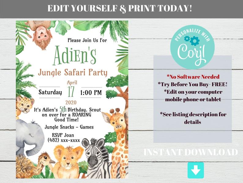Safari Birthday Party Invitation, Editable Jungle Safari Party Invite, Instantly Edit-Download & Print, Safari Party Template, No Waiting!