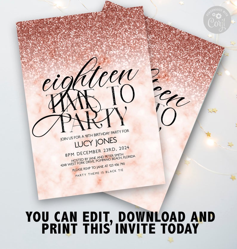 18th Birthday party Invitation 18th Invite Rose Gold Glitter Marble Instant Download Editable Printable template Corjl Invitation