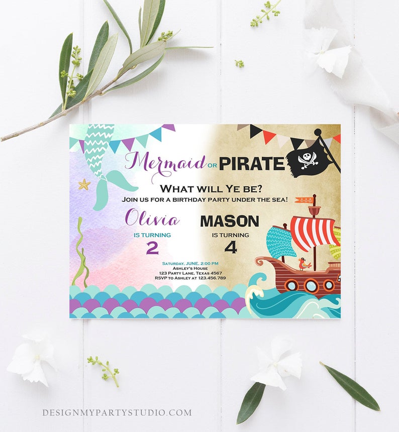 Editable Mermaid and Pirate Birthday Invitation Sibling Pirate or Mermaid Invite Boy and Girl Joint Download Printable Template Corjl 0293