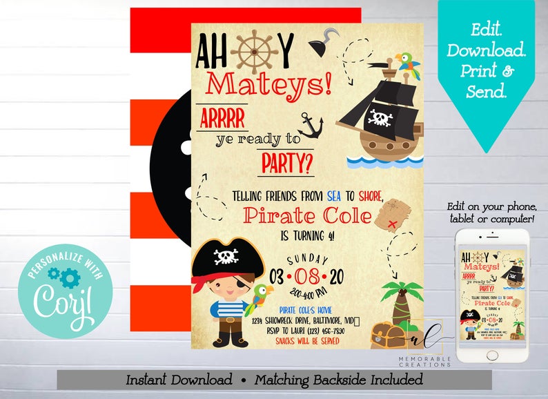 Pirate Birthday Printable Invitation, Edit Yourself Pirate Birthday Invite, Instant Download Pirate Invitation, Pirate Party, Treasure Map