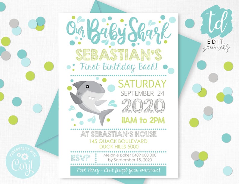 SHARK INVITATION Instant Download Shark Party Invitation Baby Shark Invitation Shark Birthday Invitation Boy Pool Party Shark Party Corjl