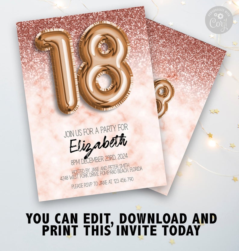 18th Birthday Invitation 18th Invite Rose Gold Glitter Marble Balloon Instant Download Editable Printable template Corjl Invitation