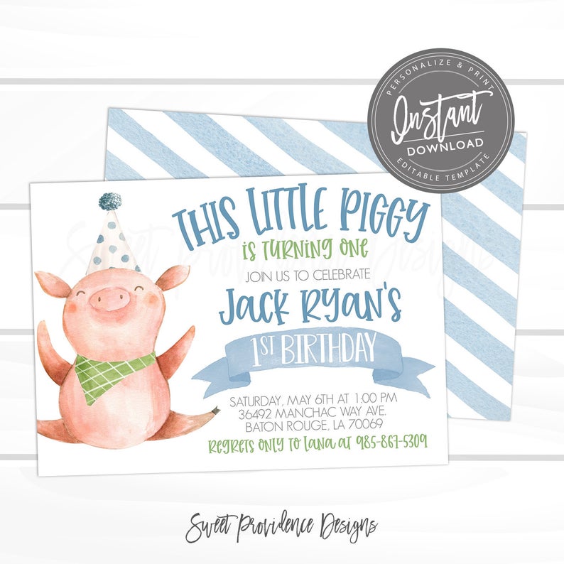 Farm Birthday Invitation, Editable Piggy Party, Boy Digital Invite, This little piggy, Farm Animals Invitations, Printable Instant Access