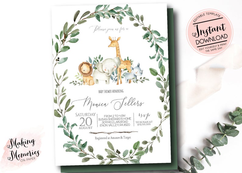Safari Baby Shower Invitation, Vintage Safari Invitation, Safari Invite, Jungle Invite, Elephant Giraffe Lion instant, edit yourself