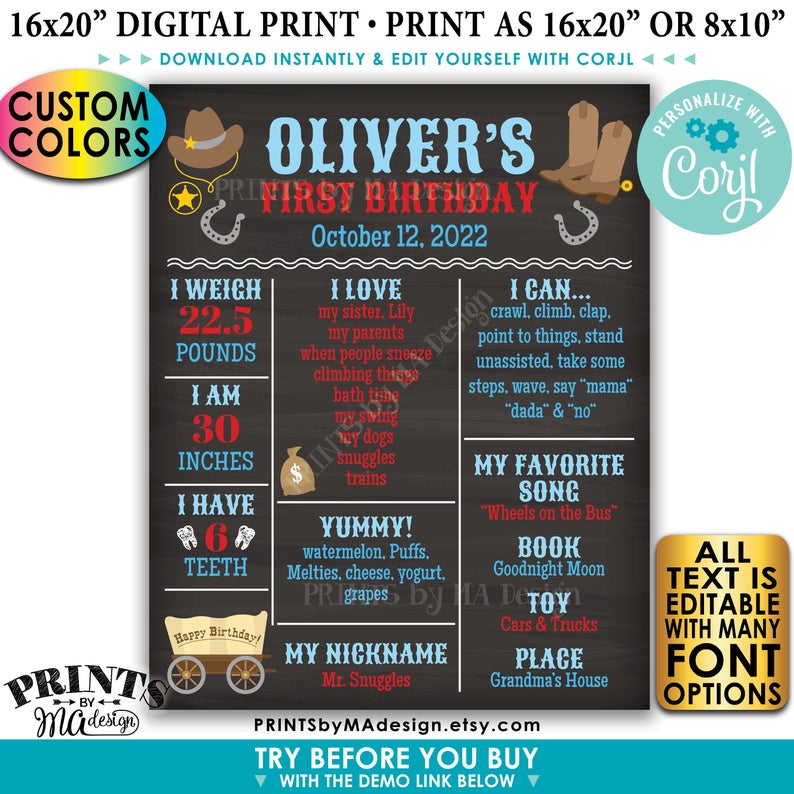 Cowboy First Birthday Board, Personalized Milestones Poster, Custom PRINTABLE Chalkboard Style 1st B-day Stats Sign